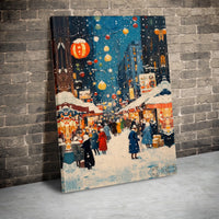 Impressionist Winter Village Canvas Print, Snowy Christmas Market Canvas Wall Art, Comfy Holiday Canvas Decor, Digital Download Art