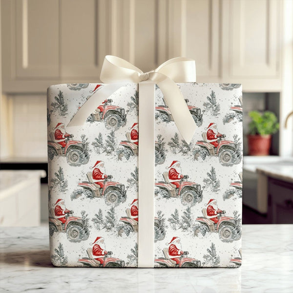 Off-Road Quad Bike Christmas Gift Wrap, Santa Riding ATV Wrapping Paper, Watercolor Santa Wrapping Paper, Winter Holiday Gift