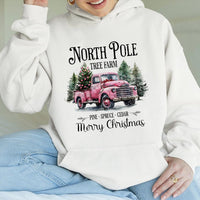 Retro Pink Christmas Truck Sweatshirt, North Pole Tree Farm Hoodie, Festive Farmhouse Holiday Pullover, Comfy Xmas Winter Sweater
