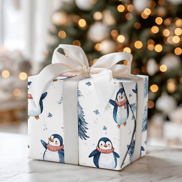 Watercolor Pine Tree Gift Wrap, Adorable Penguin Christmas Wrapping Paper, Winter Penguin Holiday Wrapping Paper, Festive Kid