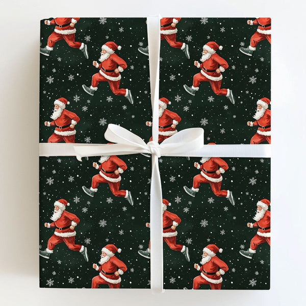 Jogging Santa Claus Gift Wrap, Running Santa Christmas Wrapping Paper, Green Snowflake Wrapping Paper, Fitness Lover Holiday 