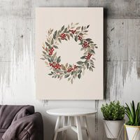 Botanical Holiday Canvas Art, Watercolor Red Berry Wreath Canvas Print, Christmas Wreath Wall Decor, Festive Winter Canvas, Seasonal Present