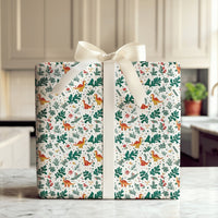 Festive Orange Dino Gift Wrap, Christmas Holly Dinosaur Wrapping Paper, Botanical Holiday Dinosaur Wrapping Paper, Adorable Kids Gift Wrap Roll