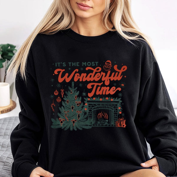 Retro Christmas Tree Sweater, Most Wonderful Time Sweatshirt, Comfy Holiday Fireplace Pullover, Xmas Crewneck, Winter Present