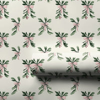 Pink Bow Gift Wrap, Watercolor Mistletoe Wrapping Paper, Holiday Botanical Wrapping Paper, Elegant Winter Christmas Gift Wrapping Paper