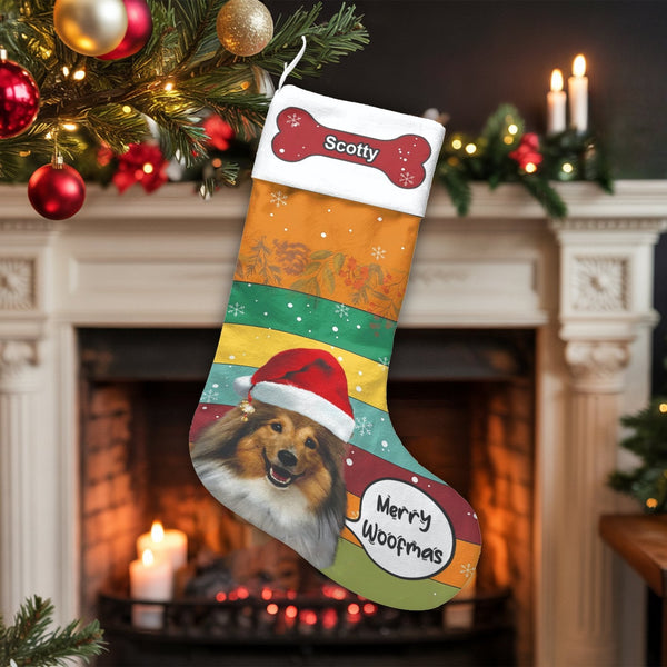 Custom Dog Name Holiday Stocking, Personalized Sheltie Christmas Stocking, Shetland Sheepdog Christmas Stocking, Velboa Pet L