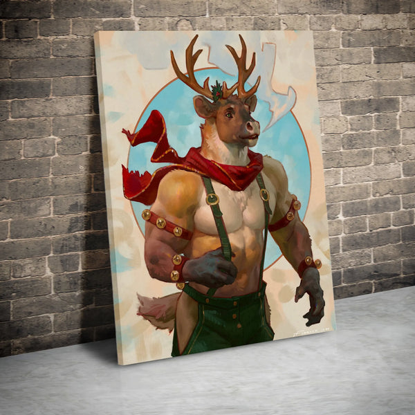 Muscular Christmas Fantasy Canvas Print, Anthropomorphic Reindeer Canvas Wall Art, Unique Holiday Art Print, Winter Season Wa