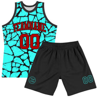 Custom Basketball Jersey - Aqua Red-Black Abstract Network Round Neck Sublimation Set