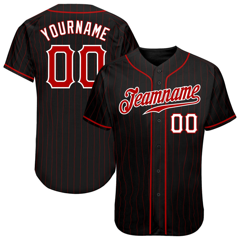 Custom Baseball Jersey - Black Red Pinstripe Red-White Authentic