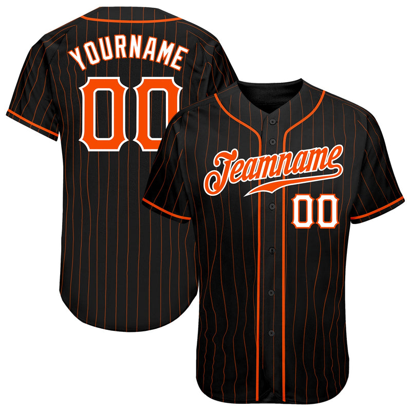 Custom Baseball Jersey - Black Orange Pinstripe Orange-White Authentic