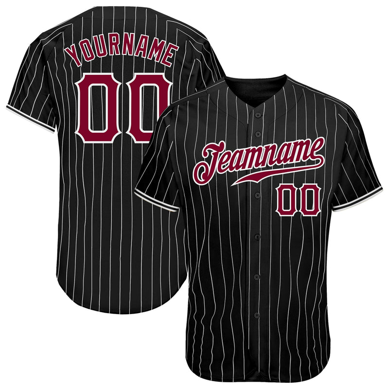 Custom Baseball Jersey - Black White Pinstripe Maroon-White Authentic