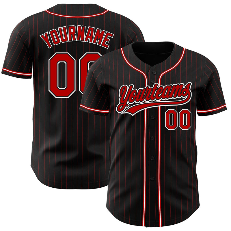 Custom Baseball Jersey - Black Red Pinstripe Red-White Authentic