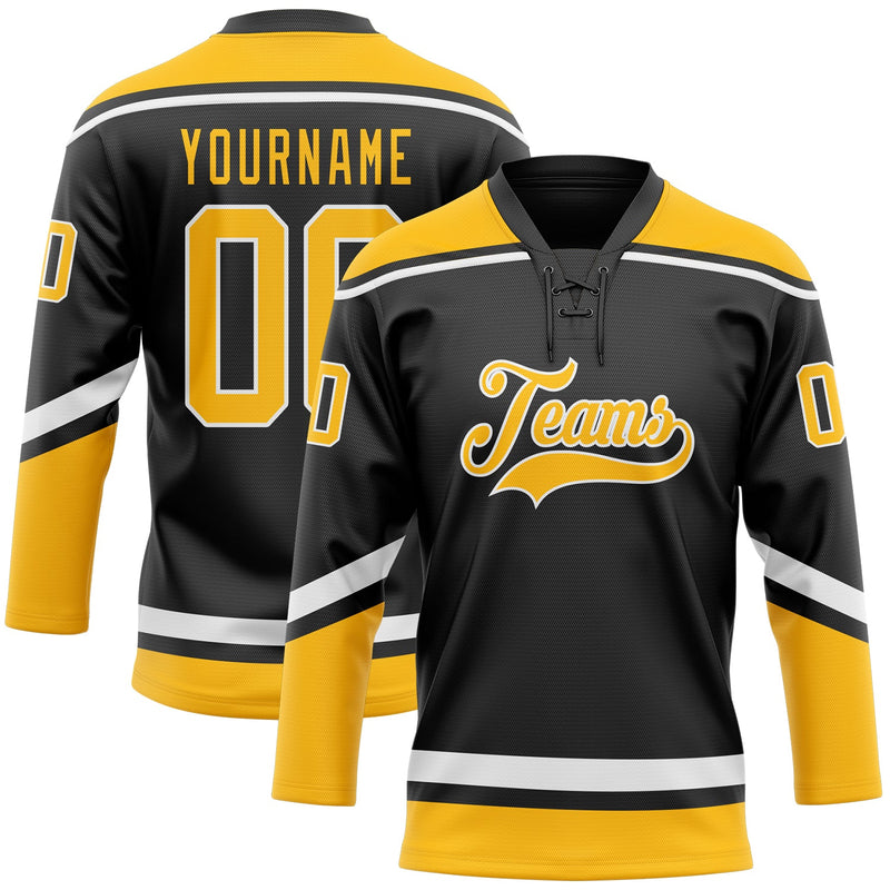 Custom Hockey Jersey - Black Gold-White Lace Neck
