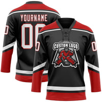 Custom Hockey Jersey - Black White-Red Lace Neck