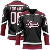 Custom Hockey Jersey - Black White-Crimson Lace Neck