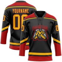 Custom Hockey Jersey - Black Gold-Red Lace Neck