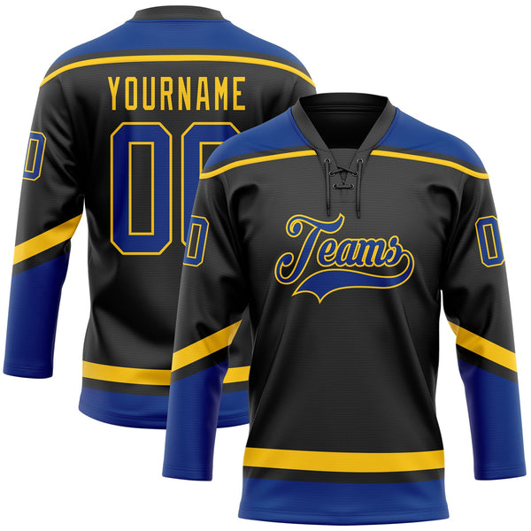 Custom Hockey Jersey - Black Royal-Yellow Lace Neck