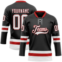Custom Hockey Jersey - Black White-Red Lace Neck