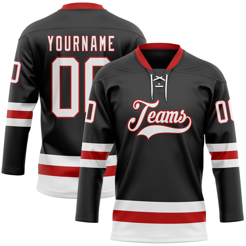 Custom Hockey Jersey - Black White-Red Lace Neck