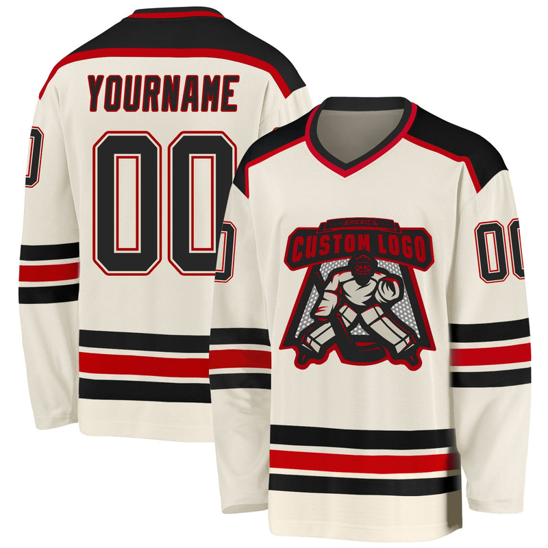 Custom Hockey Jersey - Cream Black-Red