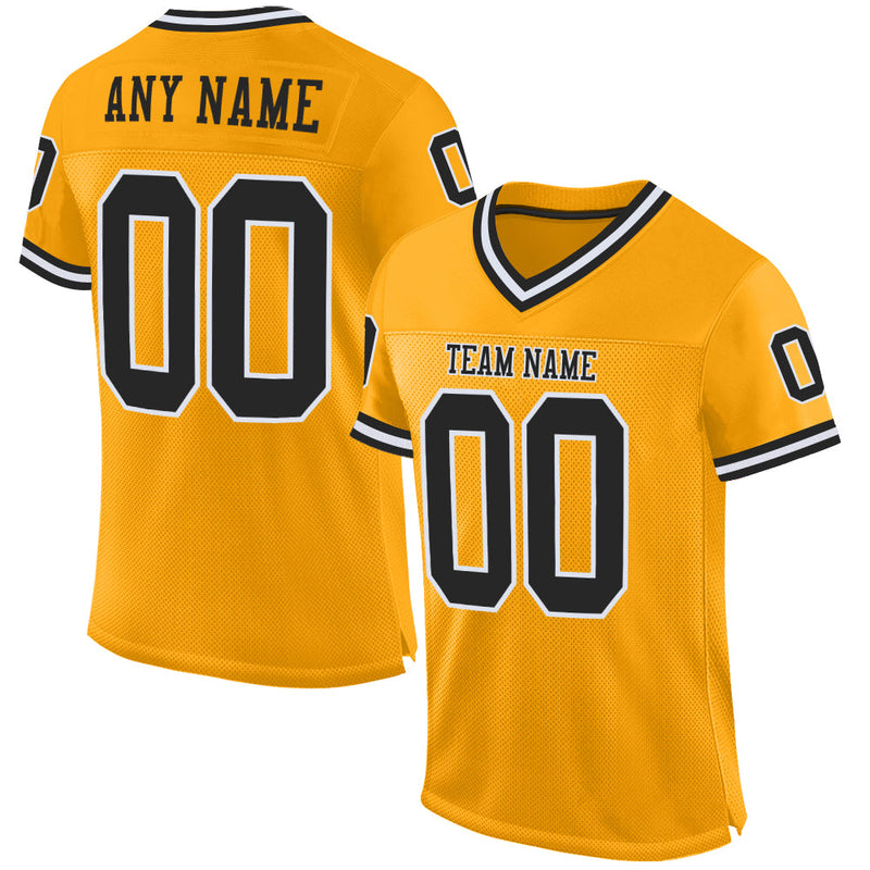 Custom Football Jersey - Gold Black-White Mesh Authentic Throwback