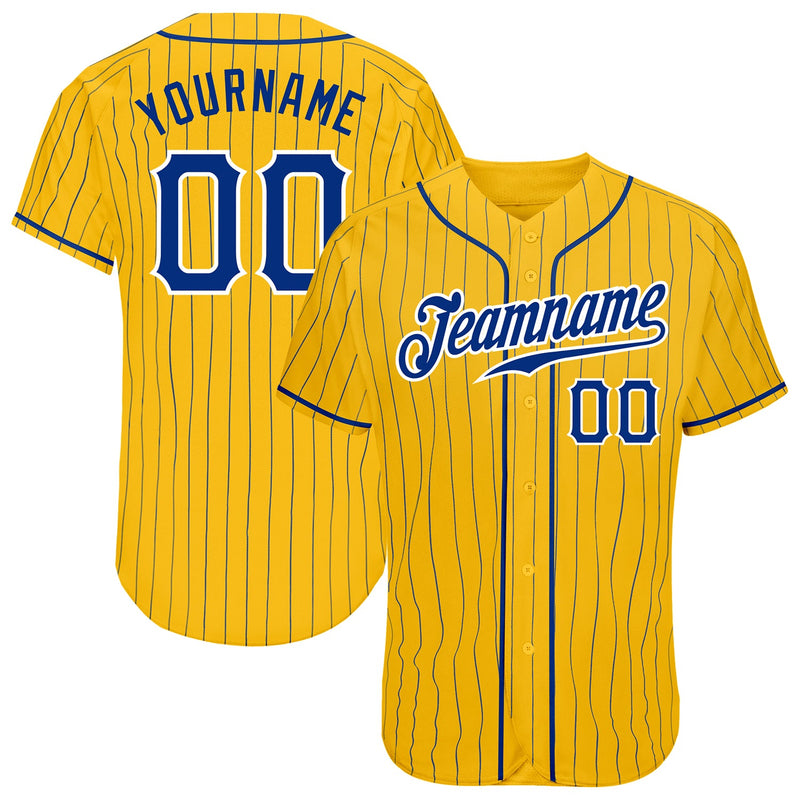 Custom Baseball Jersey - Yellow Royal Pinstripe Royal-White Authentic