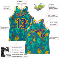Custom Basketball Jersey - Kelly Green Purple-Gold 3D Pattern Hawaii Palm Trees Pineapples Authentic