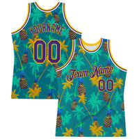 Custom Basketball Jersey - Kelly Green Purple-Gold 3D Pattern Hawaii Palm Trees Pineapples Authentic