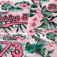 Custom Baseball Jersey - White Medium Pink-Navy 3D Pattern Design Hawaii Palm Leaves And Flowers Authentic