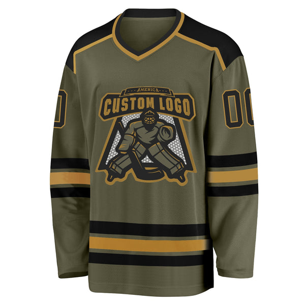 Custom Hockey Jersey - Olive Black-Old Gold Salute To Service