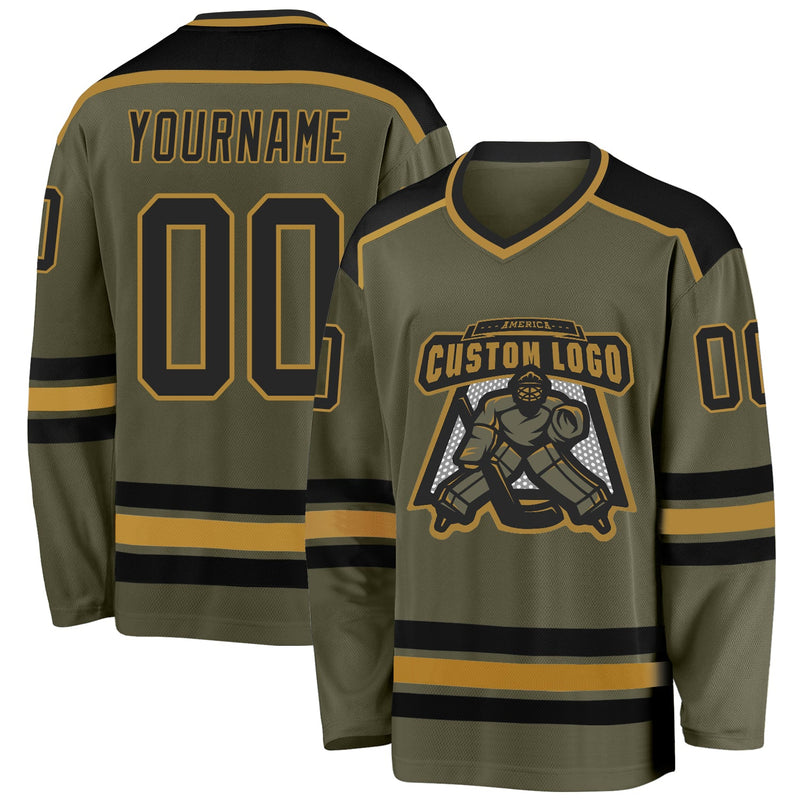 Custom Hockey Jersey - Olive Black-Old Gold Salute To Service