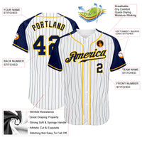 Custom Baseball Jersey - White Navy Pinstripe Navy-Gold Authentic Raglan Sleeves