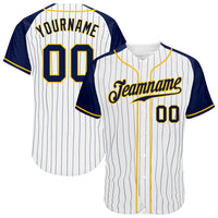Custom Baseball Jersey - White Navy Pinstripe Navy-Gold Authentic Raglan Sleeves