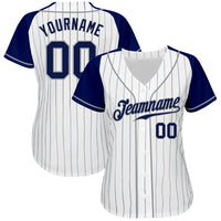 Custom Baseball Jersey - White Navy Pinstripe Navy-Gray Authentic Raglan Sleeves