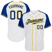 Custom Baseball Jersey - White Royal Pinstripe Royal-Gold Authentic Raglan Sleeves
