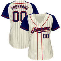 Custom Baseball Jersey - Cream Navy Pinstripe Navy-Red Authentic Raglan Sleeves