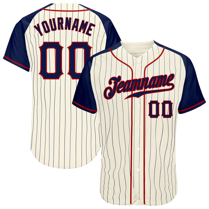 Custom Baseball Jersey - Cream Navy Pinstripe Navy-Red Authentic Raglan Sleeves