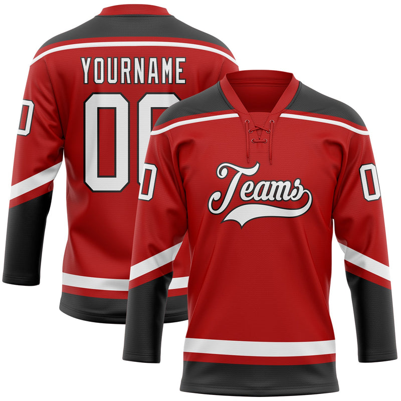 Custom Hockey Jersey - Red White-Black Lace Neck