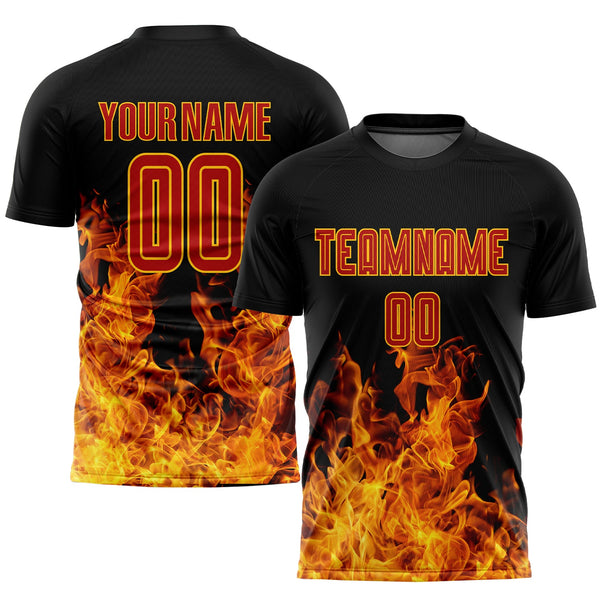 Custom Soccer Jersey - Black Red-Gold Flame Sublimation Uniform