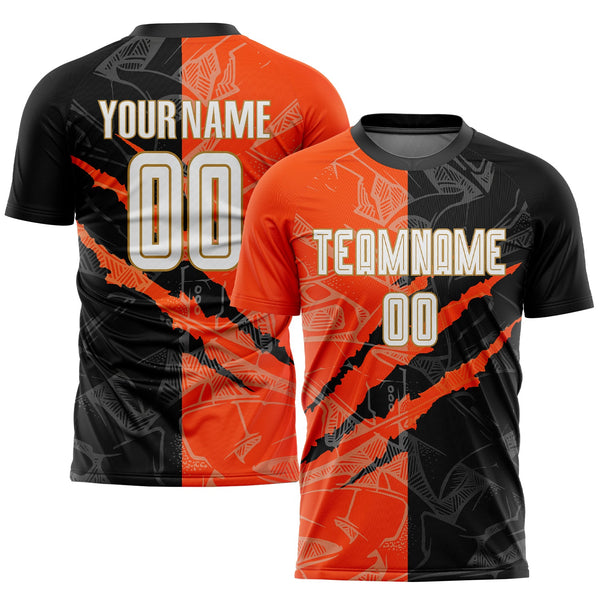 Custom Soccer Jersey - Graffiti Pattern White Black Orange-Old Gold Scratch Sublimation Uniform