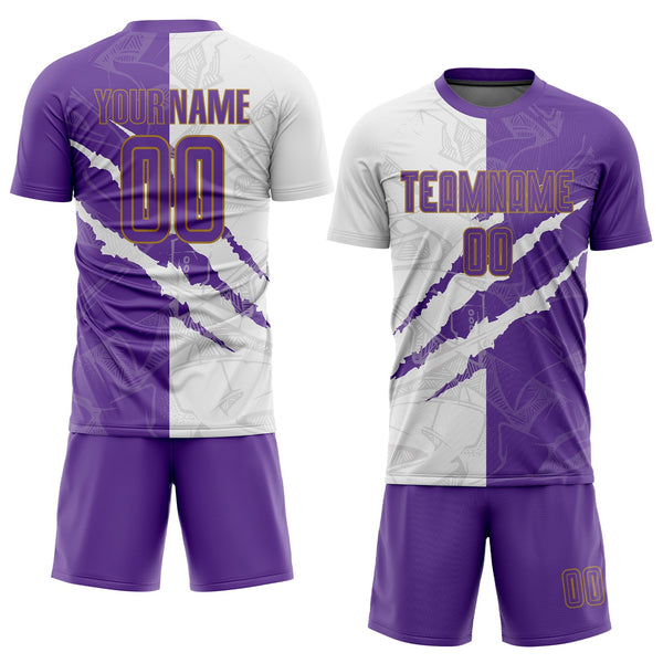 Custom Soccer Jersey - Graffiti Pattern Purple White-Old Gold Scratch Sublimation Uniform