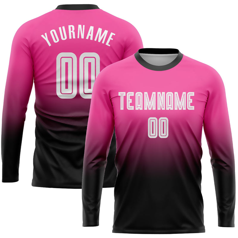 Custom Soccer Jersey - Pink White-Black Sublimation Long Sleeve Fade Fashion Uniform