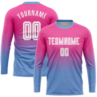 Custom Soccer Jersey - Pink White-Light Blue Sublimation Long Sleeve Fade Fashion Uniform