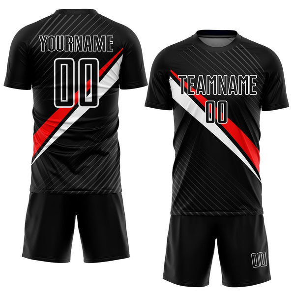 Custom Soccer Jersey - Black Red-White Diagonal Lines Sublimation Uniform