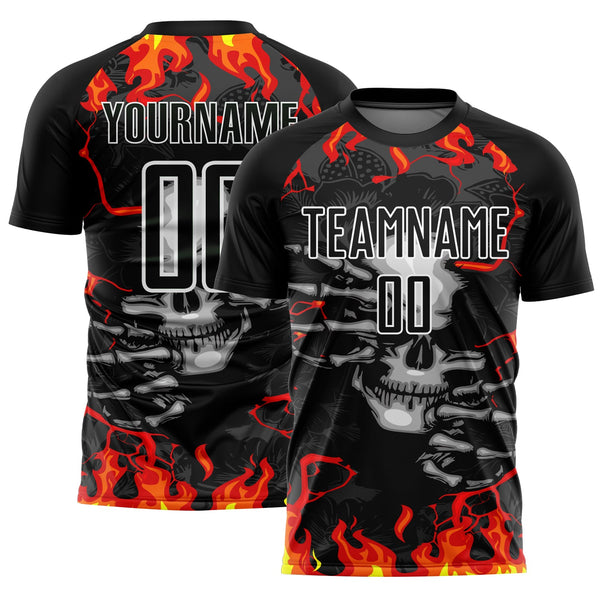 Custom Soccer Jersey - Black Red-Gold Skull Flame Sublimation Uniform