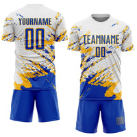 Custom Soccer Jersey - White Thunder Blue-Gold Abstract Fragment Art Splash Sublimation Uniform