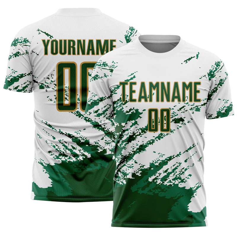 Custom Soccer Jersey - White Green Kelly Green-Gold Abstract Fragment Art Splash Sublimation Uniform