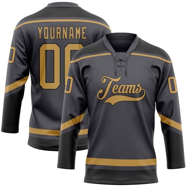 Custom Hockey Jersey - Steel Gray Old Gold-Black Lace Neck