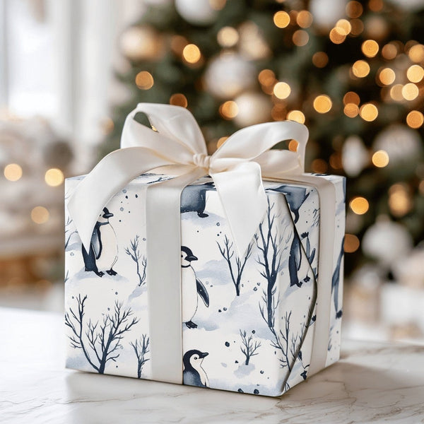 Adorable Winter Holiday Wrapping Paper, Watercolor Penguin Wrapping Paper, Christmas Penguin Gift Wrap, Festive Snowy Tree Wr