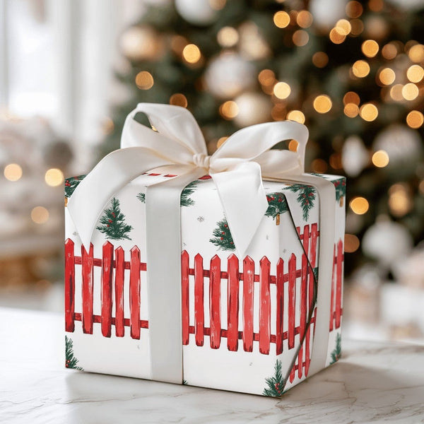 Red Picket Fence Holiday Gift Wrap, Tree Farm Christmas Wrapping Paper, Rustic Farmhouse Wrapping Paper, Winter Forest Presen